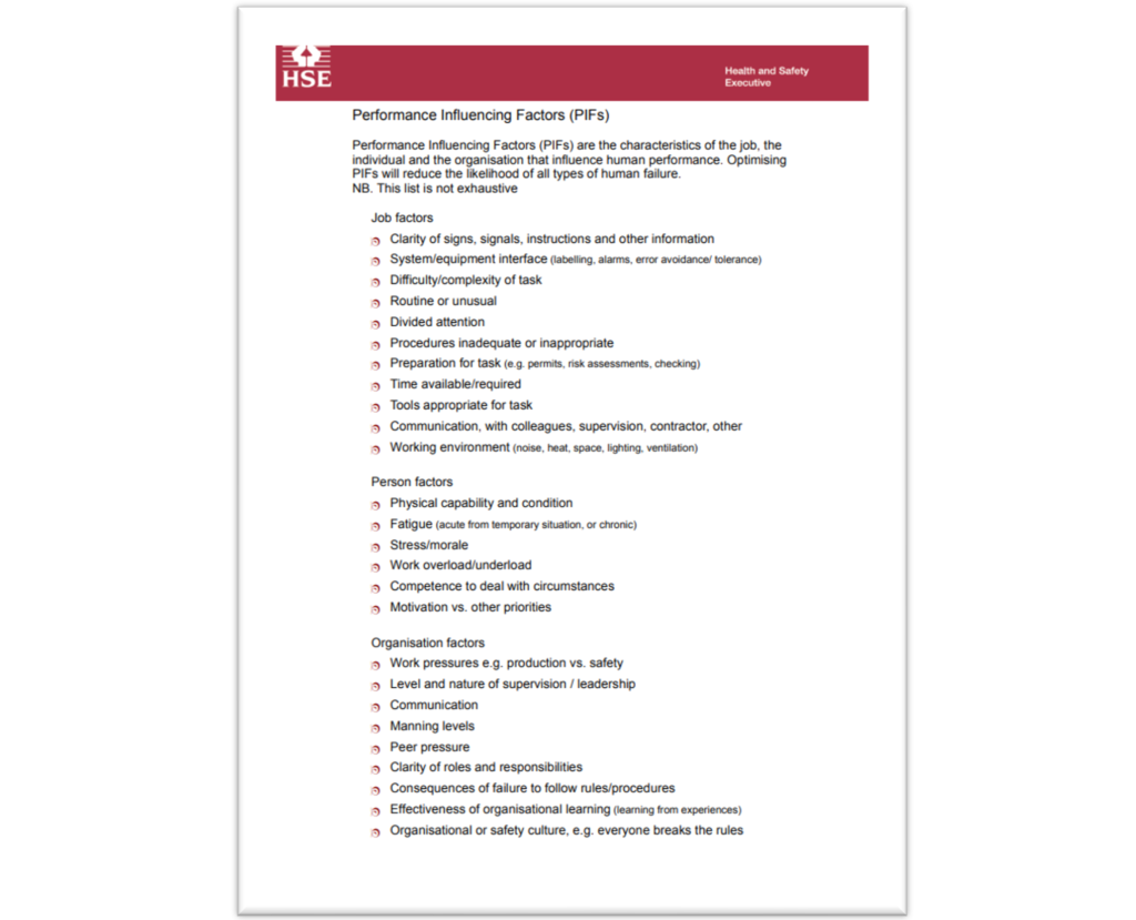 The types of Performance Influencing Factors: The HSE PIF list